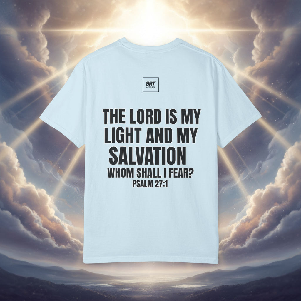 God Saved Me T-Shirt — Christian Faith Tee with Praying Hands & Psalm 27:1 Back Print