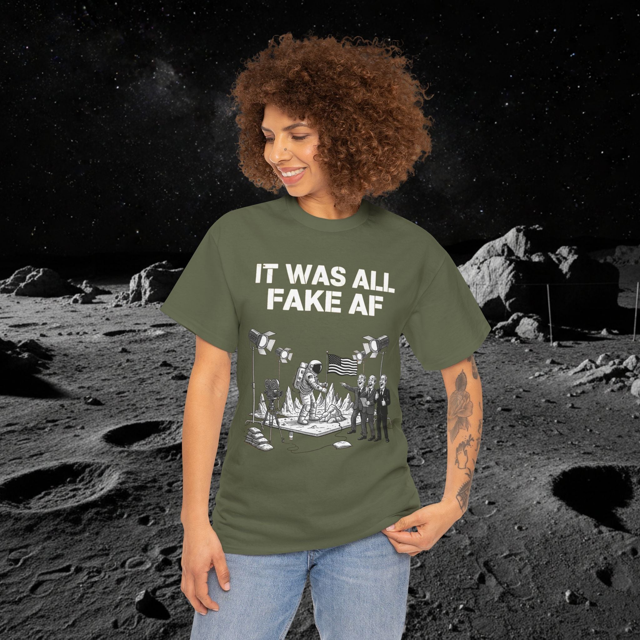 Fake Moon Landing Tee — "It Was All Fake AF" Front & "Stay Woke" Back