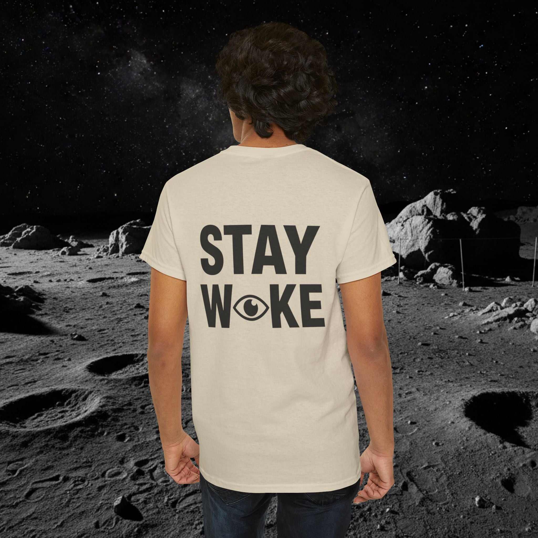 Fake Moon Landing Tee — "It Was All Fake AF" Front & "Stay Woke" Back