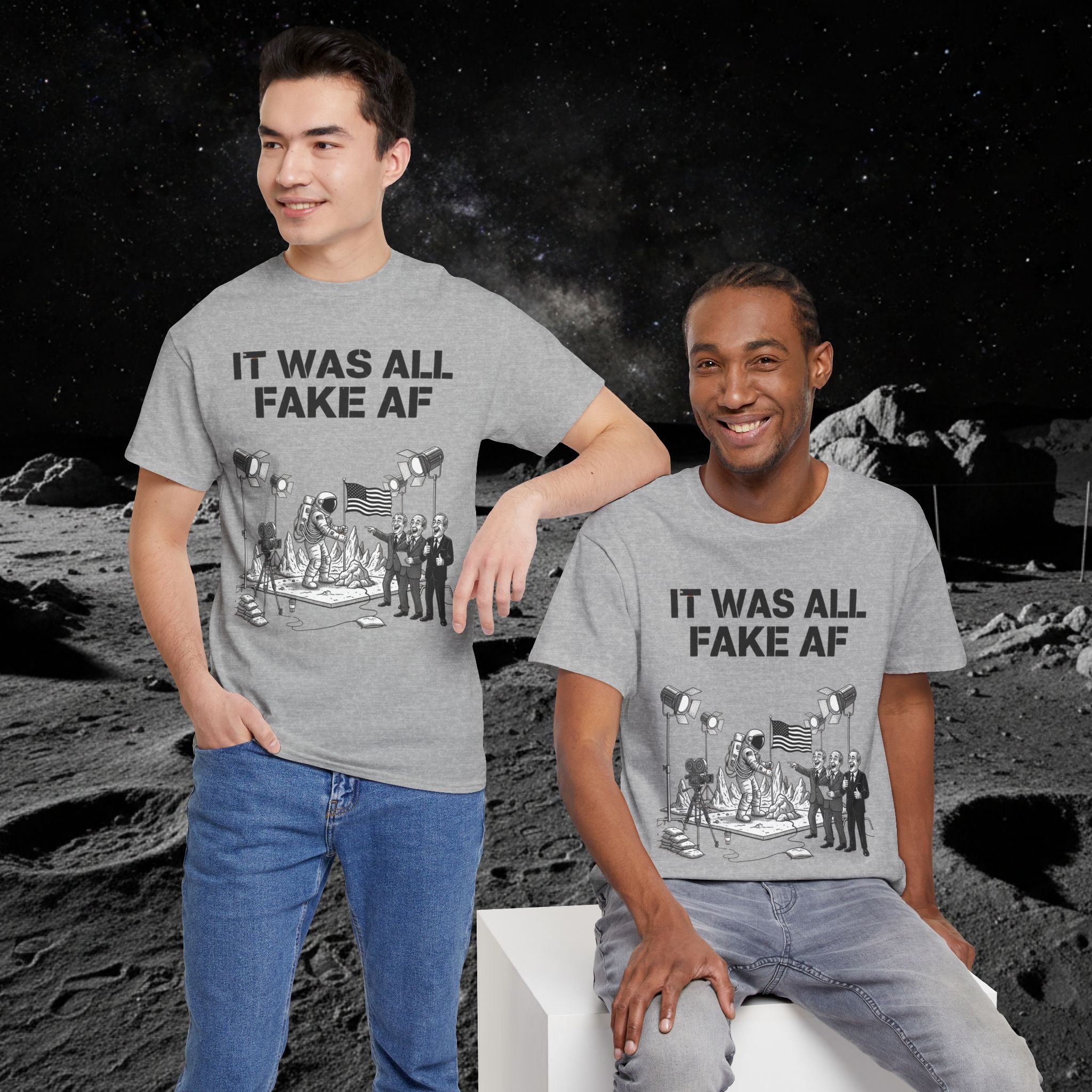 Fake Moon Landing Tee — "It Was All Fake AF" Front & "Stay Woke" Back