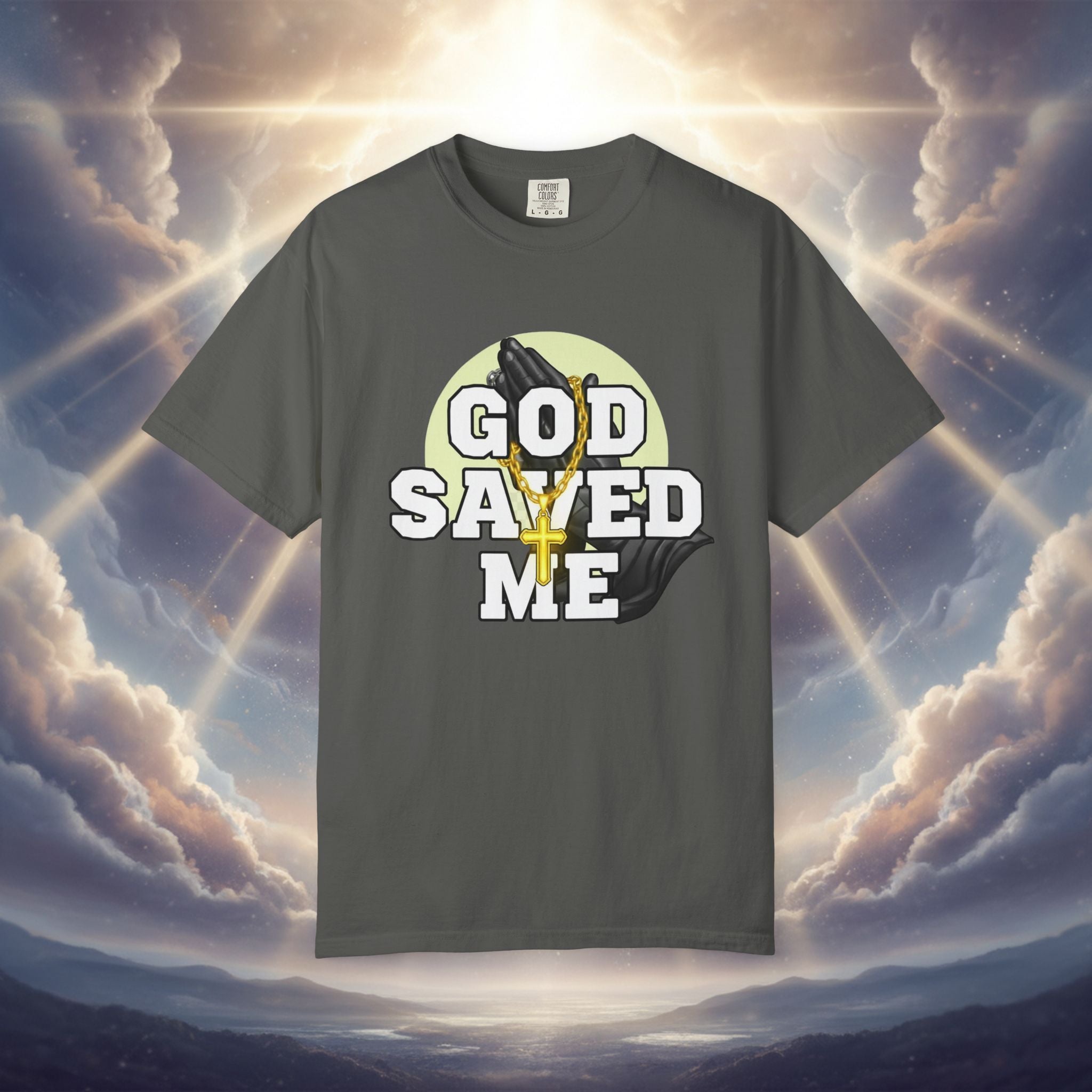 God Saved Me T-Shirt — Christian Faith Tee with Praying Hands & Psalm 27:1 Back Print