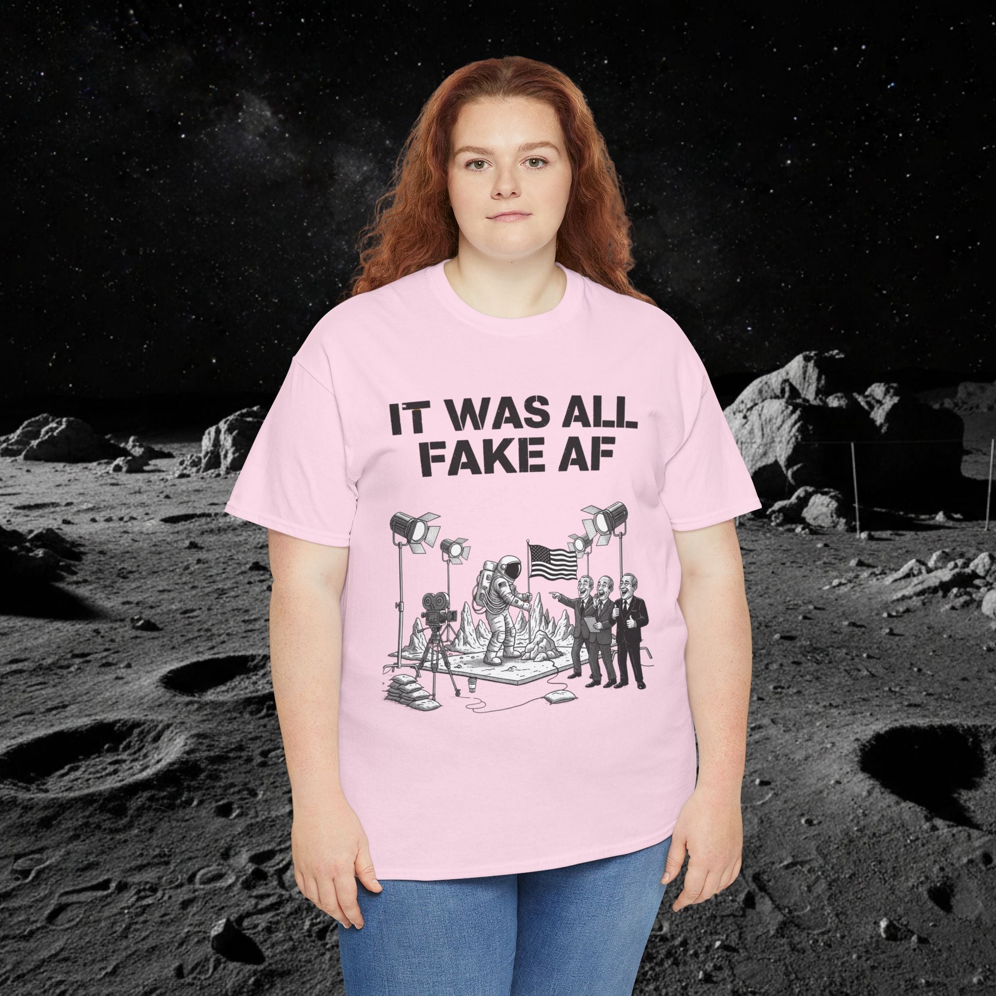 Fake Moon Landing Tee — "It Was All Fake AF" Front & "Stay Woke" Back