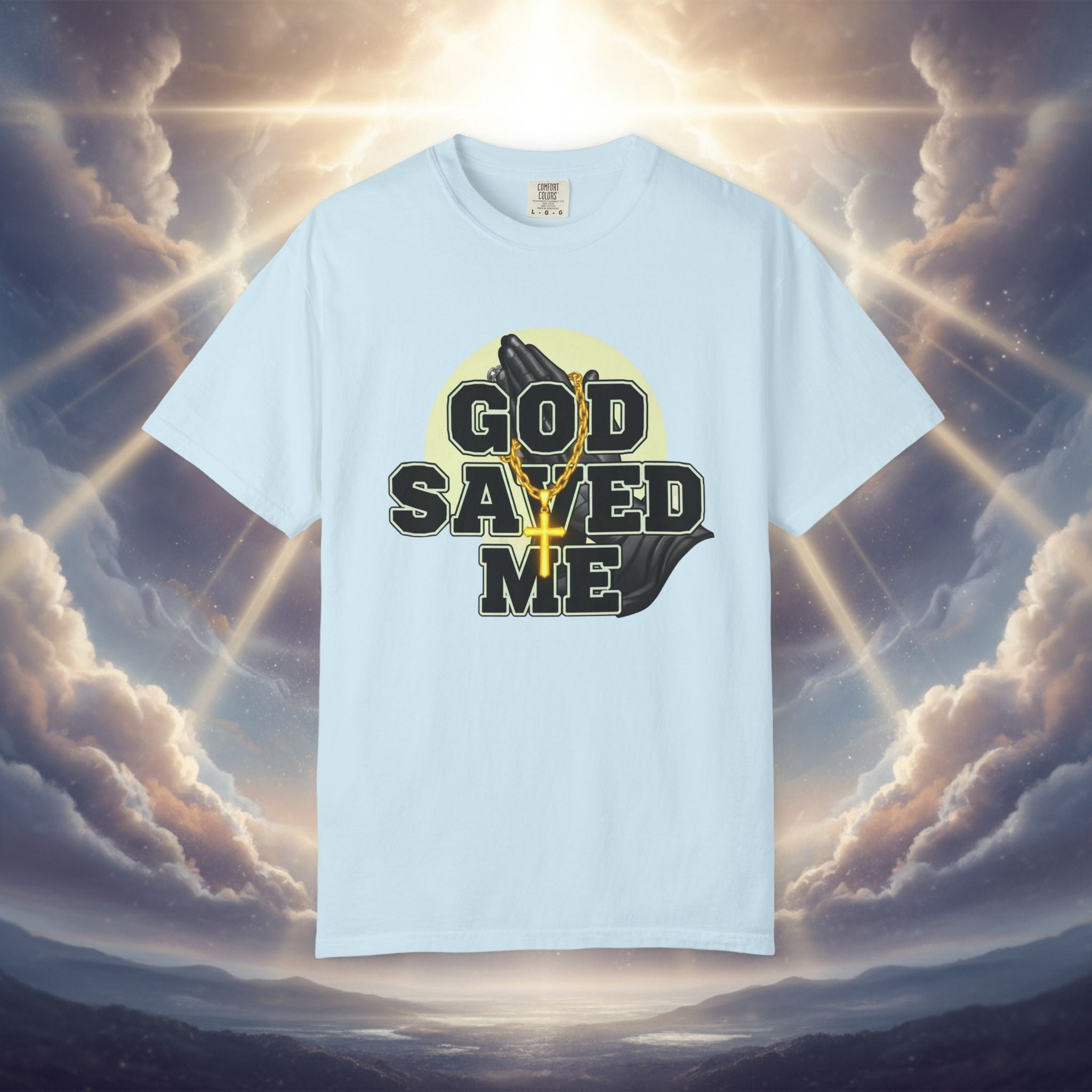 God Saved Me T-Shirt — Christian Faith Tee with Praying Hands & Psalm 27:1 Back Print