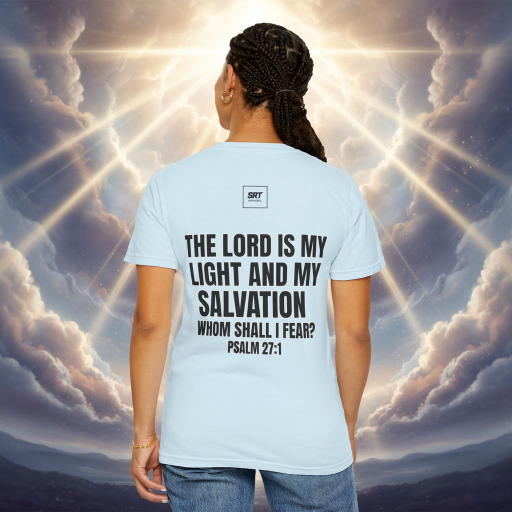 God Saved Me T-Shirt — Christian Faith Tee with Praying Hands & Psalm 27:1 Back Print