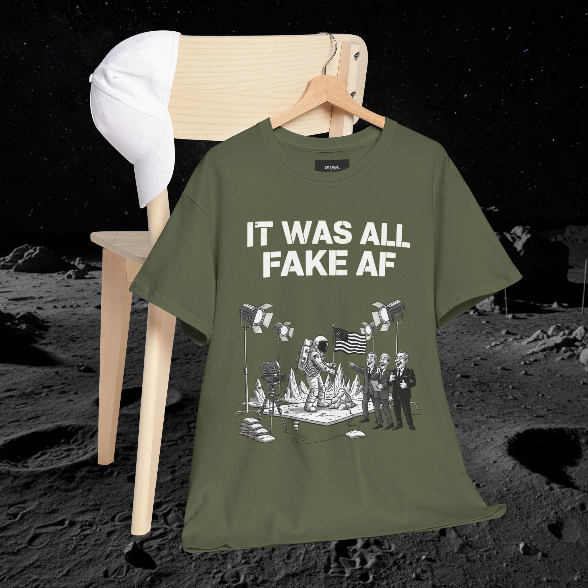 Fake Moon Landing Tee — "It Was All Fake AF" Front & "Stay Woke" Back