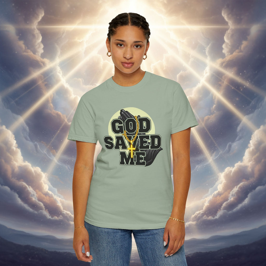 God Saved Me T-Shirt — Christian Faith Tee with Praying Hands & Psalm 27:1 Back Print