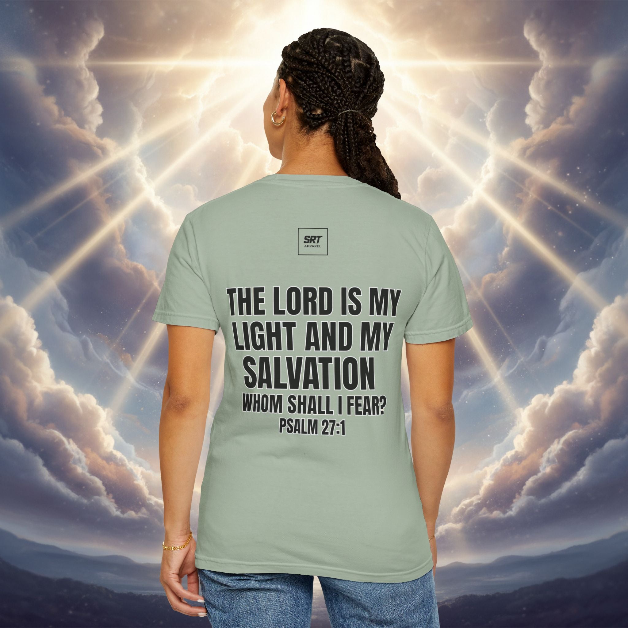 God Saved Me T-Shirt — Christian Faith Tee with Praying Hands & Psalm 27:1 Back Print