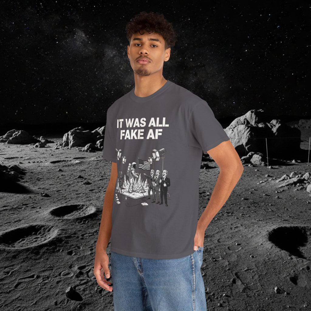 Fake Moon Landing Tee — "It Was All Fake AF" Front & "Stay Woke" Back
