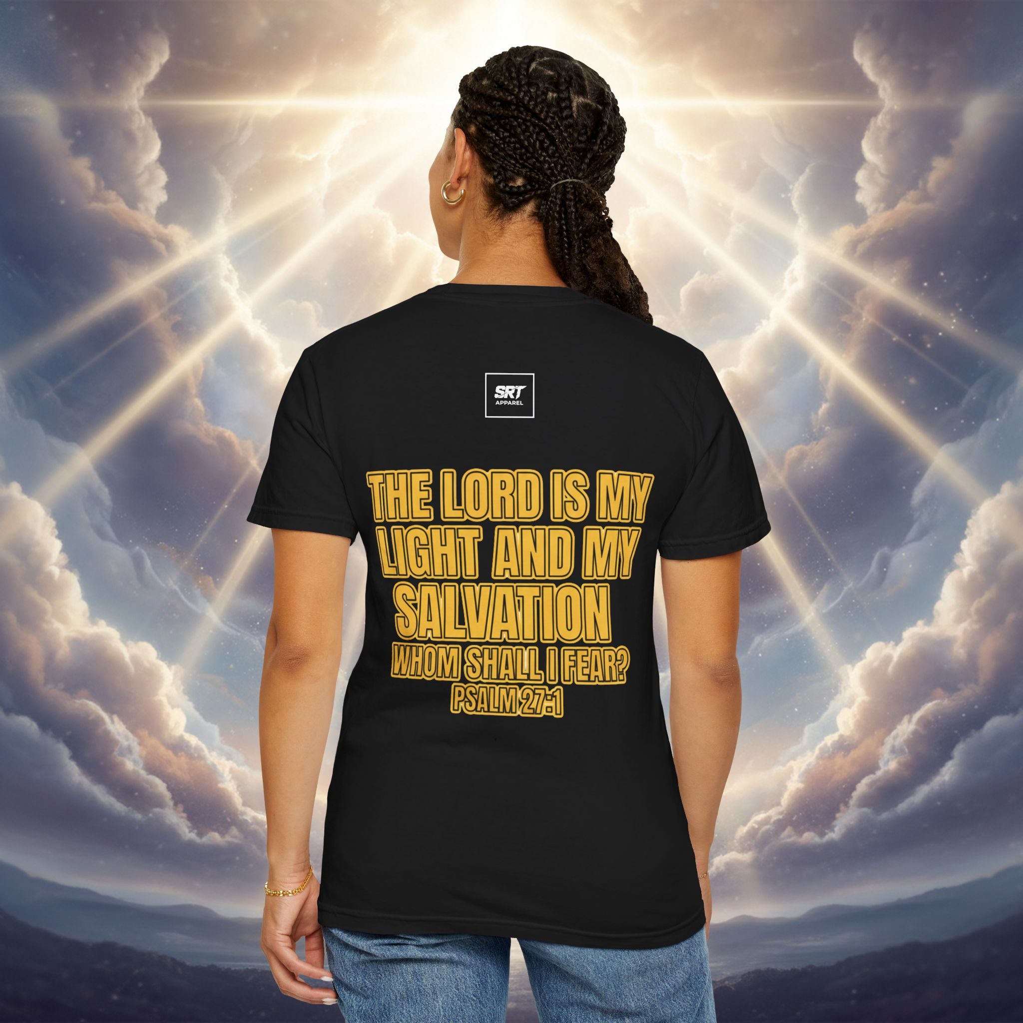 God Saved Me T-Shirt — Christian Faith Tee with Praying Hands & Psalm 27:1 Back Print