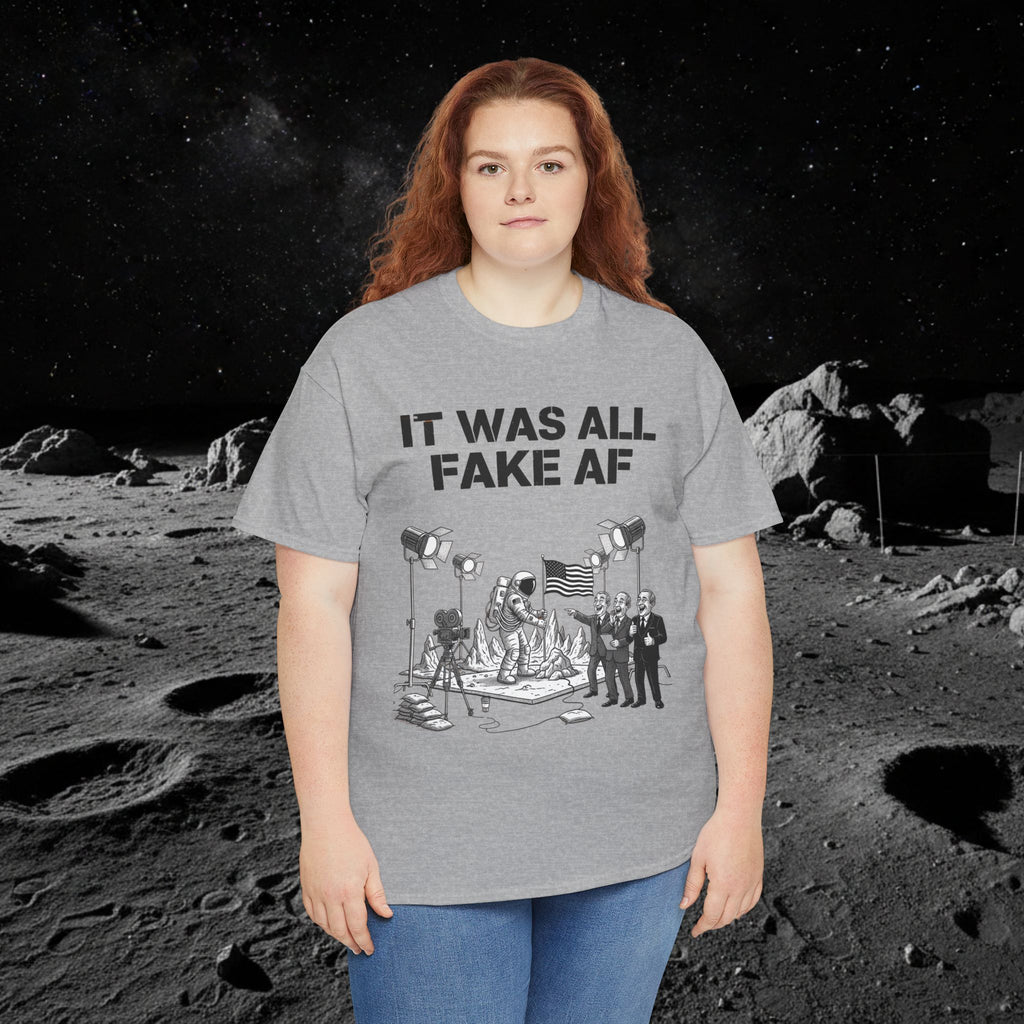 Fake Moon Landing Tee — "It Was All Fake AF" Front & "Stay Woke" Back