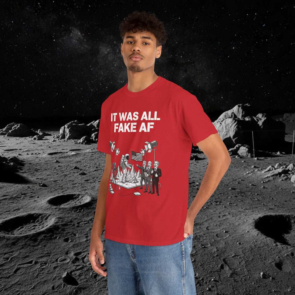 Fake Moon Landing Tee — "It Was All Fake AF" Front & "Stay Woke" Back