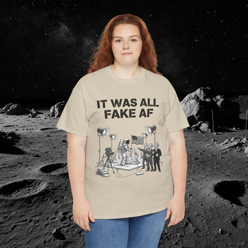 Fake Moon Landing Tee — "It Was All Fake AF" Front & "Stay Woke" Back