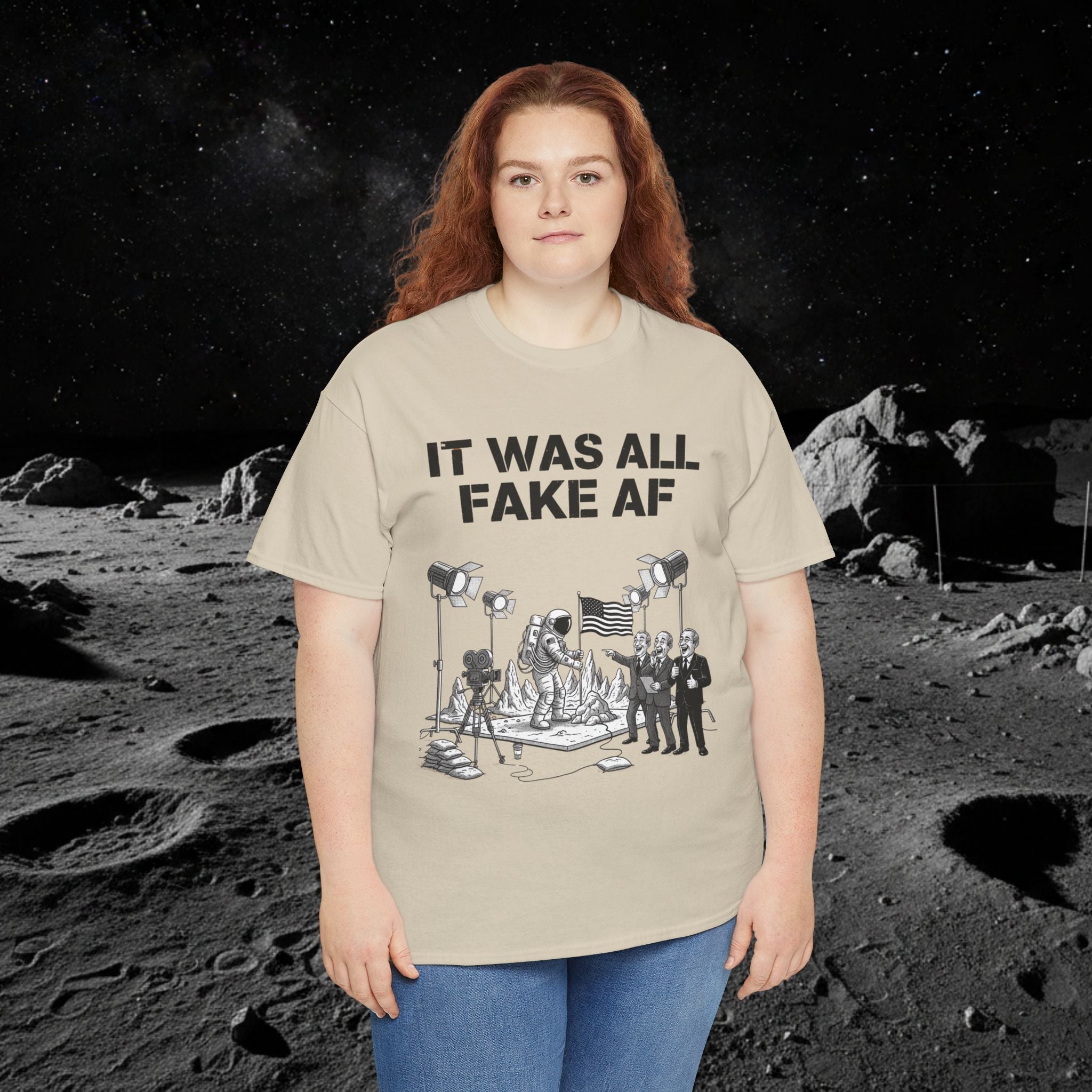 Fake Moon Landing Tee — "It Was All Fake AF" Front & "Stay Woke" Back
