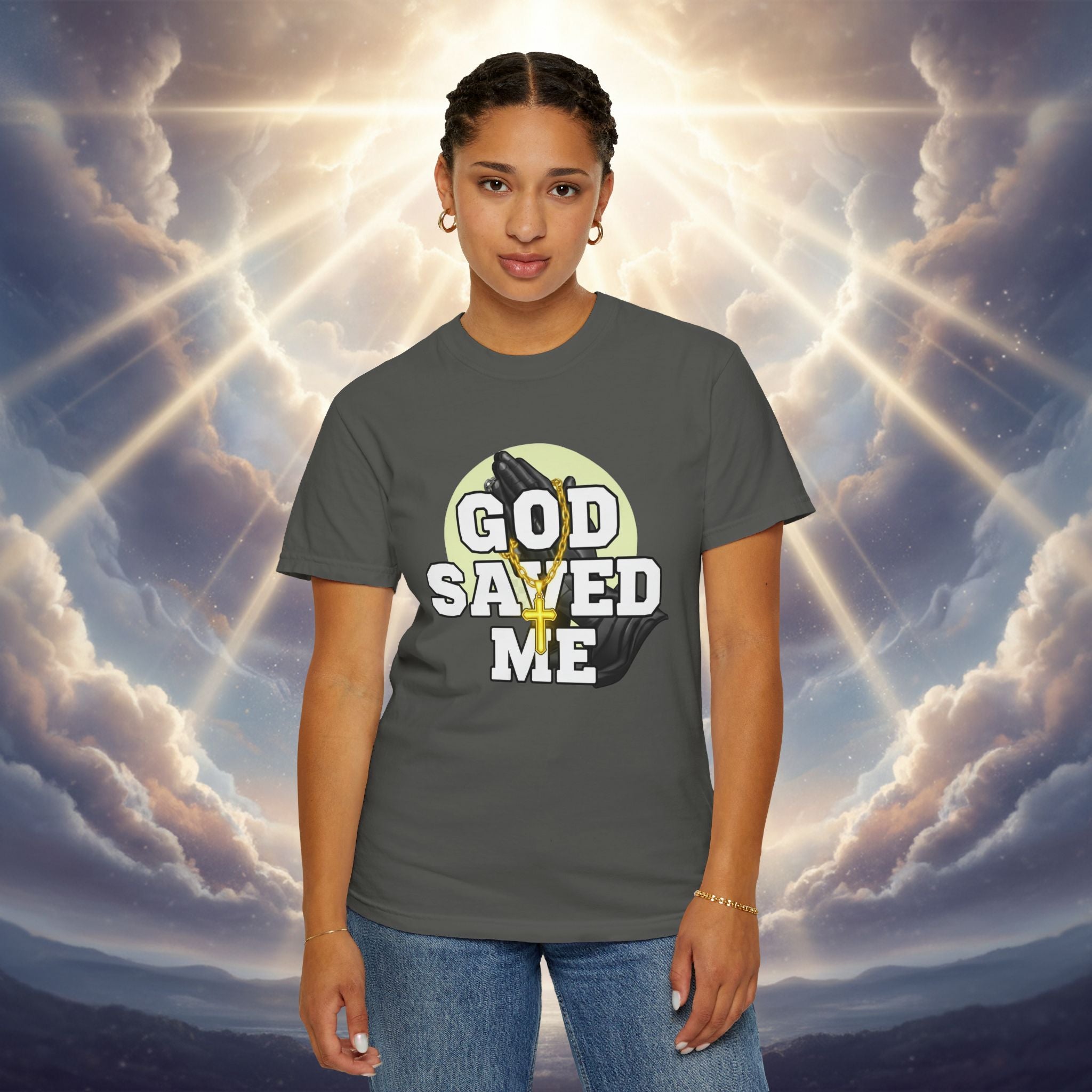 God Saved Me T-Shirt — Christian Faith Tee with Praying Hands & Psalm 27:1 Back Print