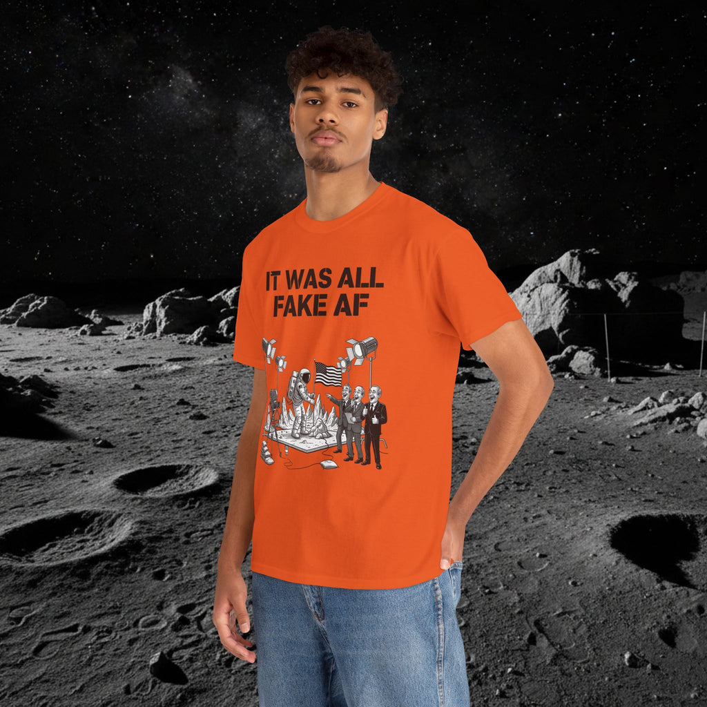 Fake Moon Landing Tee — "It Was All Fake AF" Front & "Stay Woke" Back